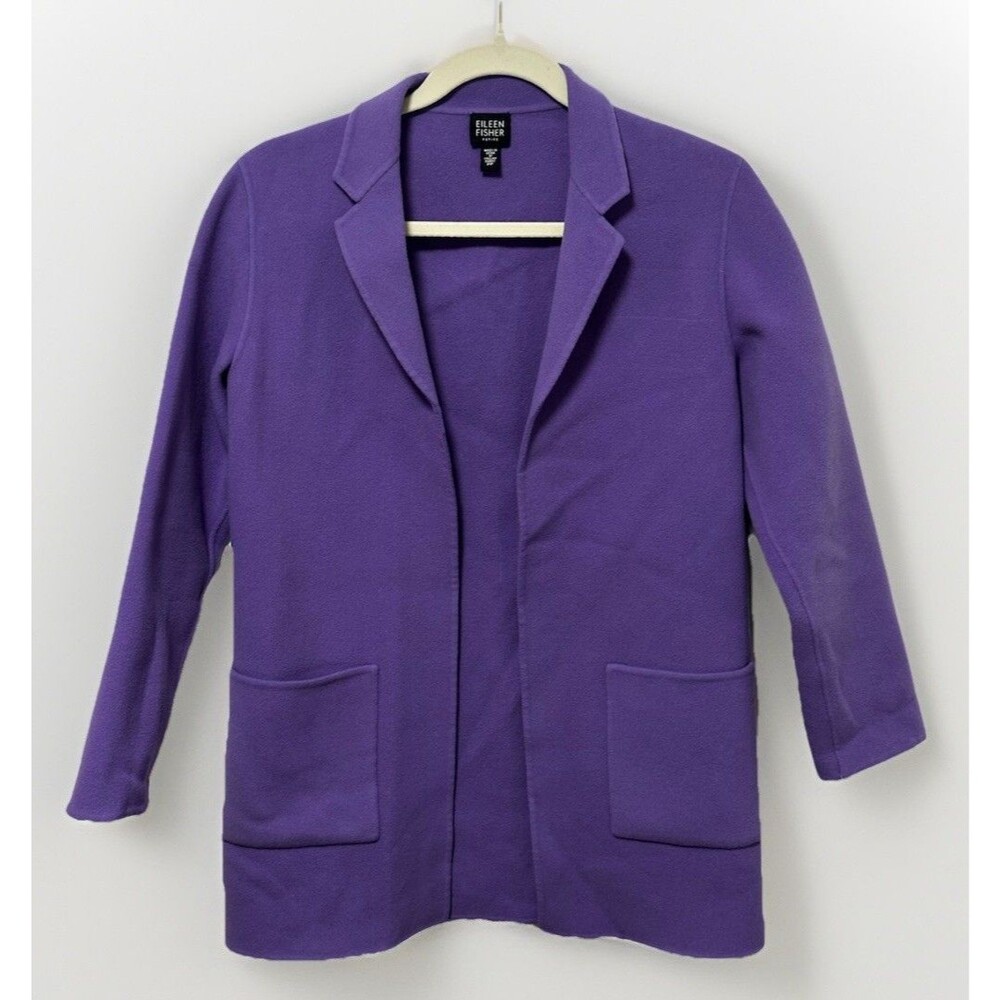 Eileen Fisher Wool Cashmere Italian Open Front Coat Size PP Purple Pockets